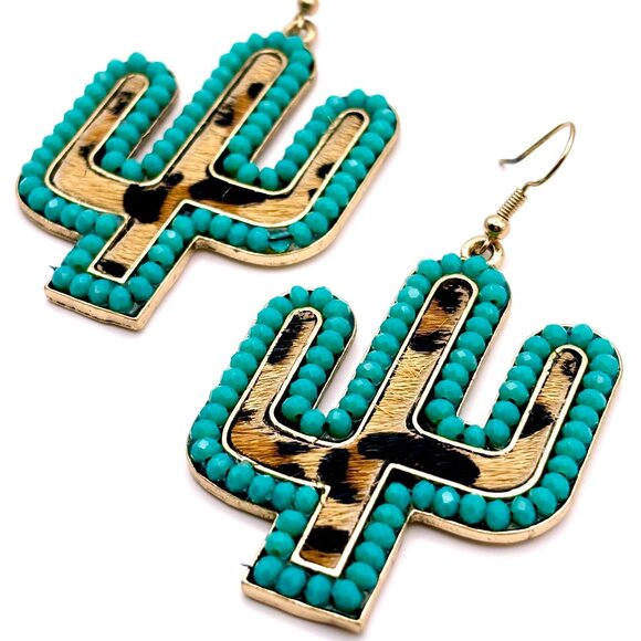 Fun Teal Crystal Beaded Leopard Animal Print Saguaro Cactus Dangle Earrings New - Picture 2 of 5